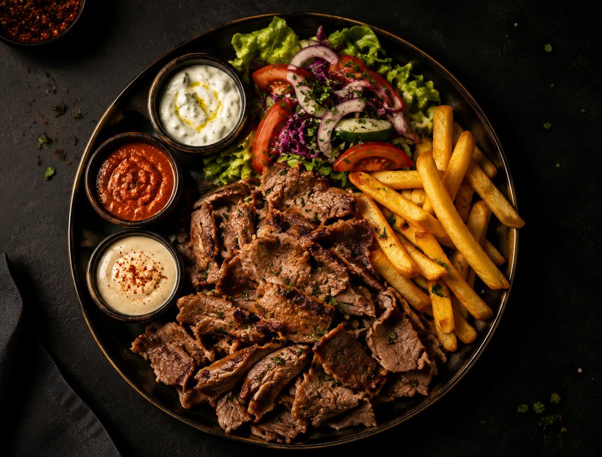 Doner kebab plate with fries and salad