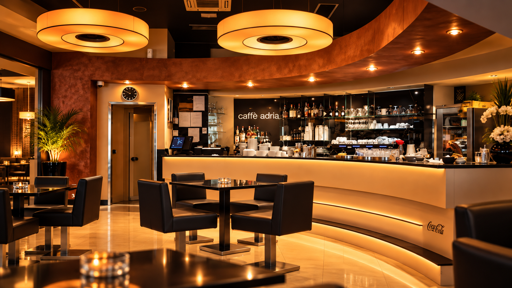 The glowing interior of Caffe Bar Adria with its bar counter